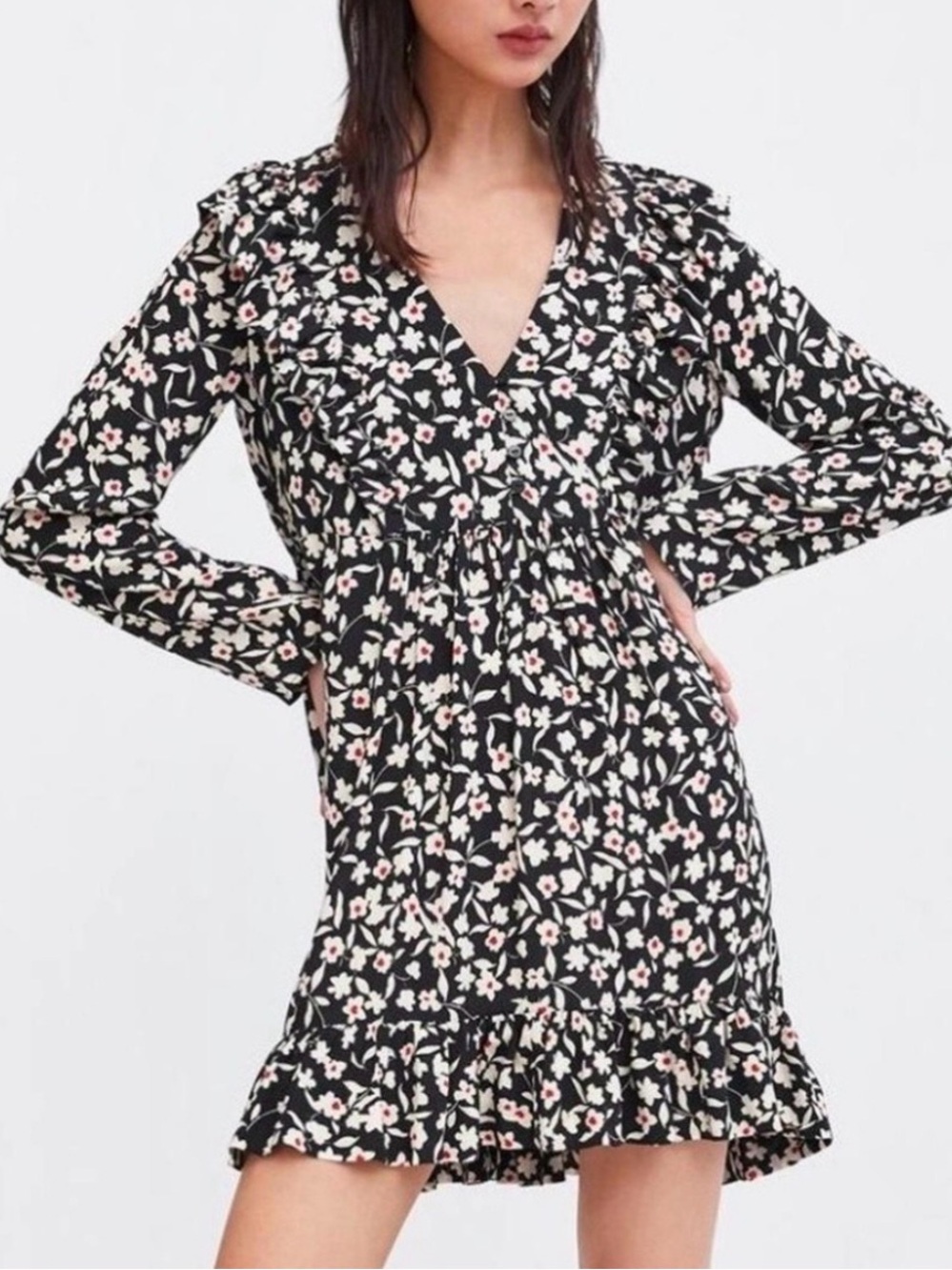 Zara Floral V-Neck Ruffle Long Sleeve Mini Dress Small new with tags